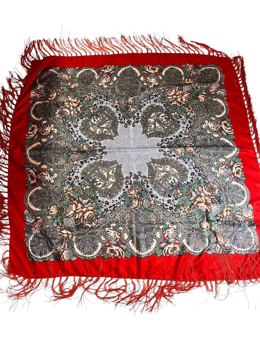 Floral Pattern Red Fringed Women's Wrap Scarf. Like New
Large 44”